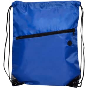 A blue drawstring bag featuring a zippered pocket and black accents, with a logo on the front.