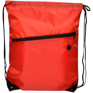 A red drawstring bag featuring a front zip pocket and black cords for closure, also displaying a logo.