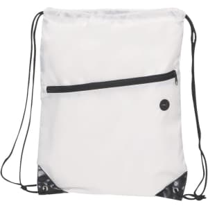 A white drawstring bag with a black zippered pocket and black corners, featuring a logo on one side.