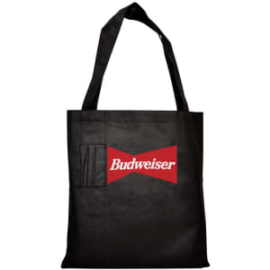A black tote bag with a red logo. Features a pocket on the front and sturdy shoulder straps.