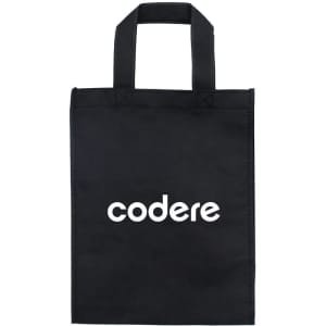 A black tradeshow bag with two handles and a white logo on the front.