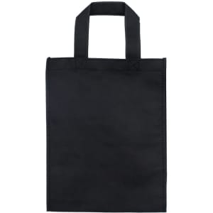 A black tradeshow bag with two handles, featuring a simple design and no visible branding.