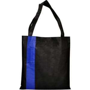 A black tote bag with a blue stripe and a logo. It features two sturdy handles for carrying.