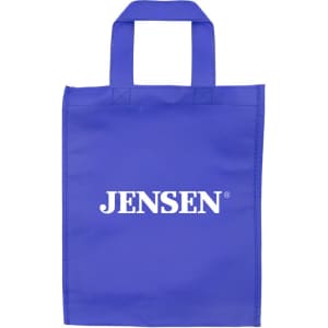 A purple tradeshow bag with two handles and a white logo.