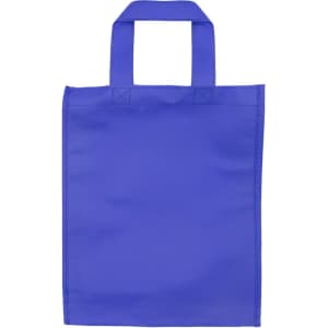 A blue tote bag with two short handles and a simple design, featuring a logo on one side.