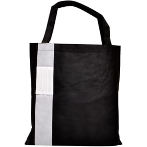 A black and grey tradeshow bag with a loop for easy carrying and a logo featured on one side.
