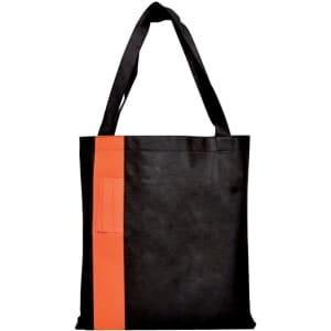 A black tote bag with an orange stripe and a pocket. Features sturdy handles and a simple design.