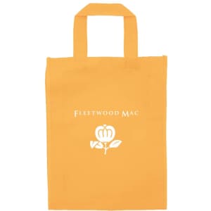 An orange tradeshow bag with handles, featuring a logo and flower design in white.