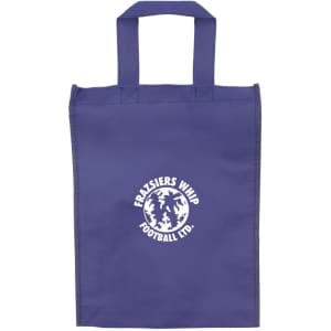 A purple tradeshow bag with two handles and a logo on the front.
