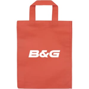 A red tradeshow bag with two handles and a logo on the front.
