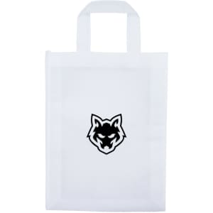 A white promotional bag featuring a black logo of a wolf's head and two handles for carrying.