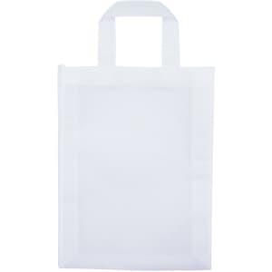 A white reusable bag with two handles and a transparent front panel, featuring a logo or branding.