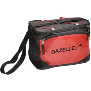 A black and red cooler bag with a shoulder strap and a logo. Features zippered compartments for storage.