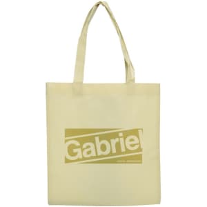 A cream shopping tote bag with a gold logo design and two shoulder straps.