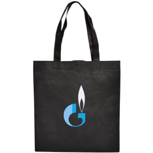 A black shopping tote bag featuring a logo with blue and white elements.