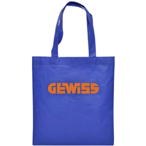 A blue shopping tote bag with shoulder straps and a logo printed on the front.