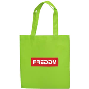 A bright green shopping tote bag featuring a logo in a red box. The bag has two handles for carrying.