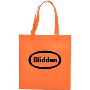 An orange shopping tote bag featuring black branding, with two sturdy handles for carrying.
