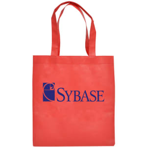 A red shopping tote bag with two handles and a logo on the front.