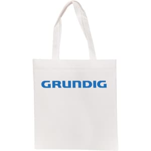 A white shopping tote bag with blue branding, featuring two handles for carrying.