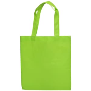 A bright green shopping tote bag with two handles and a simple design. It features a logo.