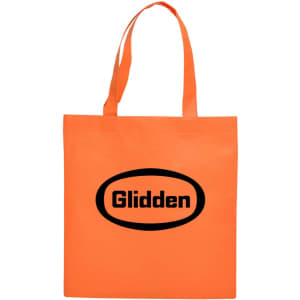 An orange shopping tote bag with a logo on the front and two sturdy handles.