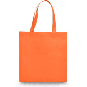 An orange shopping tote bag with two shoulder straps and a smooth surface, featuring a logo.