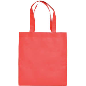 A red shopping tote bag with two handles and a plain design. It features a logo on one side.