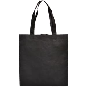 A black shopping tote bag with long handles and a plain design. It features a logo on one side.