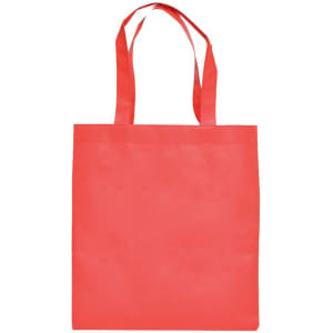 A red shopping tote bag with two handles and a plain design. Logo present on the bag.