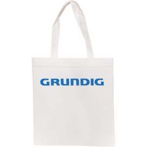 A white shopping tote bag with sturdy handles and a blue logo on the front.