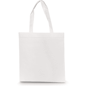 A white shopping tote bag with two sturdy handles and a plain design. It features a branding logo.