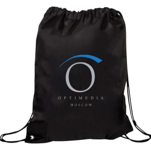 A black drawstring bag featuring a logo and a cinched closure at the top.