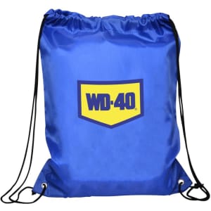A blue drawstring gym bag with a logo on the front and black cords for closure.
