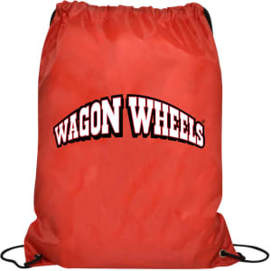 A red drawstring gym bag with a logo in a curved design. The bag features black strings for closure.