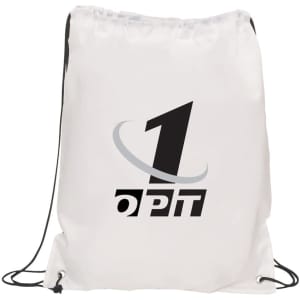 A white gym drawstring bag with a black logo and contrasting drawstrings.