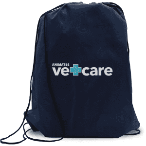 A navy blue drawstring bag featuring a logo on the front and adjustable cords for closure.