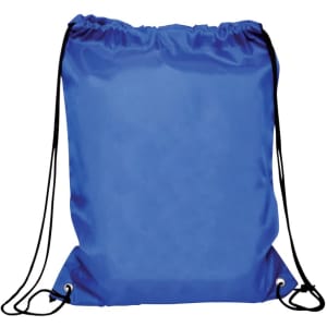 A blue drawstring gym bag featuring black cords and eyelets, with a logo on the front.