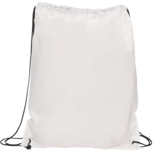 A white drawstring gym bag with black cords and a logo at the bottom.