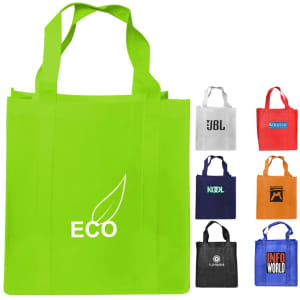 A green tote bag with a gusset, accompanied by black, blue, orange, and white variations, each with logos.