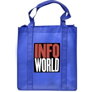 A blue shopping tote bag with a gusset, featuring a central logo and dual handles.