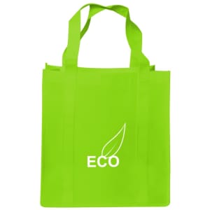 A bright green shopping tote bag with a gusset and a logo featuring a leaf design.