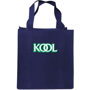 A navy shopping tote bag with a gusset, featuring a logo on the front and two sturdy handles.