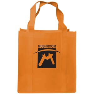 An orange shopping tote bag with a gusset and a black logo on the front.