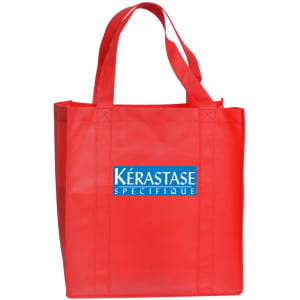 A red shopping tote bag with a gusset and a logo on the front.