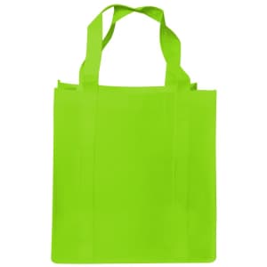 A bright green shopping tote bag with gusset and two sturdy handles, featuring a logo.