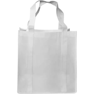 A white shopping tote bag with a gusset and two sturdy handles. It features a simple design with a logo.