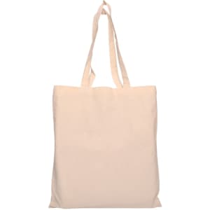 A calico tote bag in a light beige colour with long, sturdy handles. It features a logo on one side.