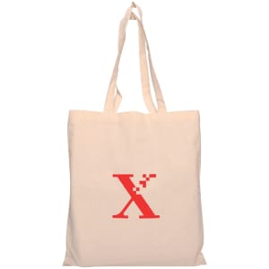 A beige calico tote bag featuring a red logo on the front and two long handles for easy carrying.