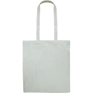 A recycled cotton tote bag in light beige with long handles and a simple design, featuring a logo.